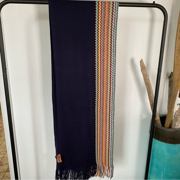 Missoni Wool Blend Knit Zigzag Designer Scarf Fringe Multicolour Blue Italy - Picture 3 of 11